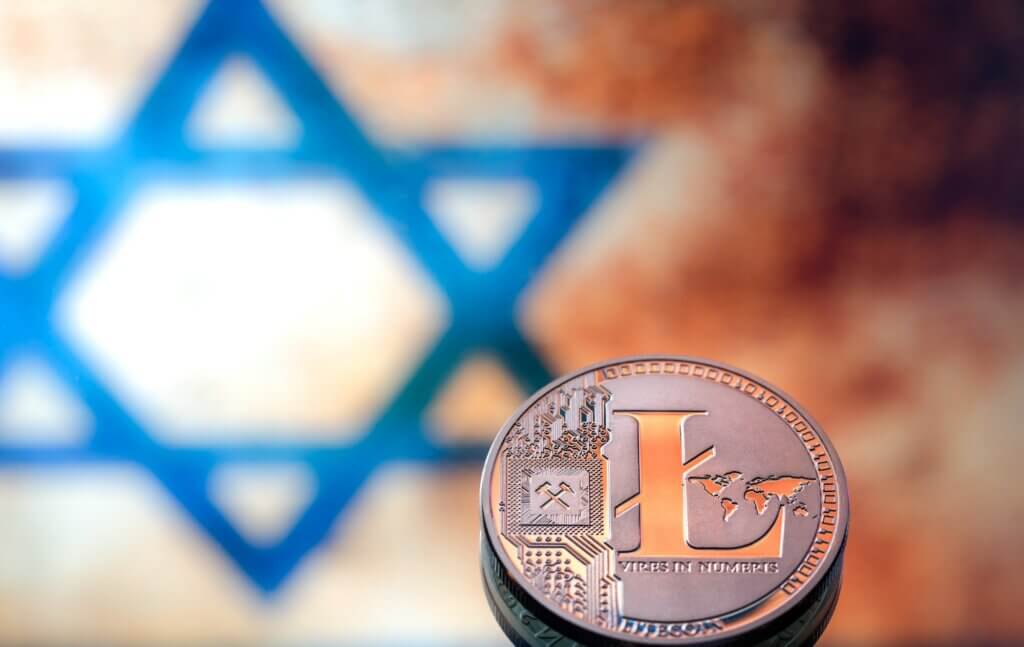 Coins litecoin, against the background of the Israeli flag.